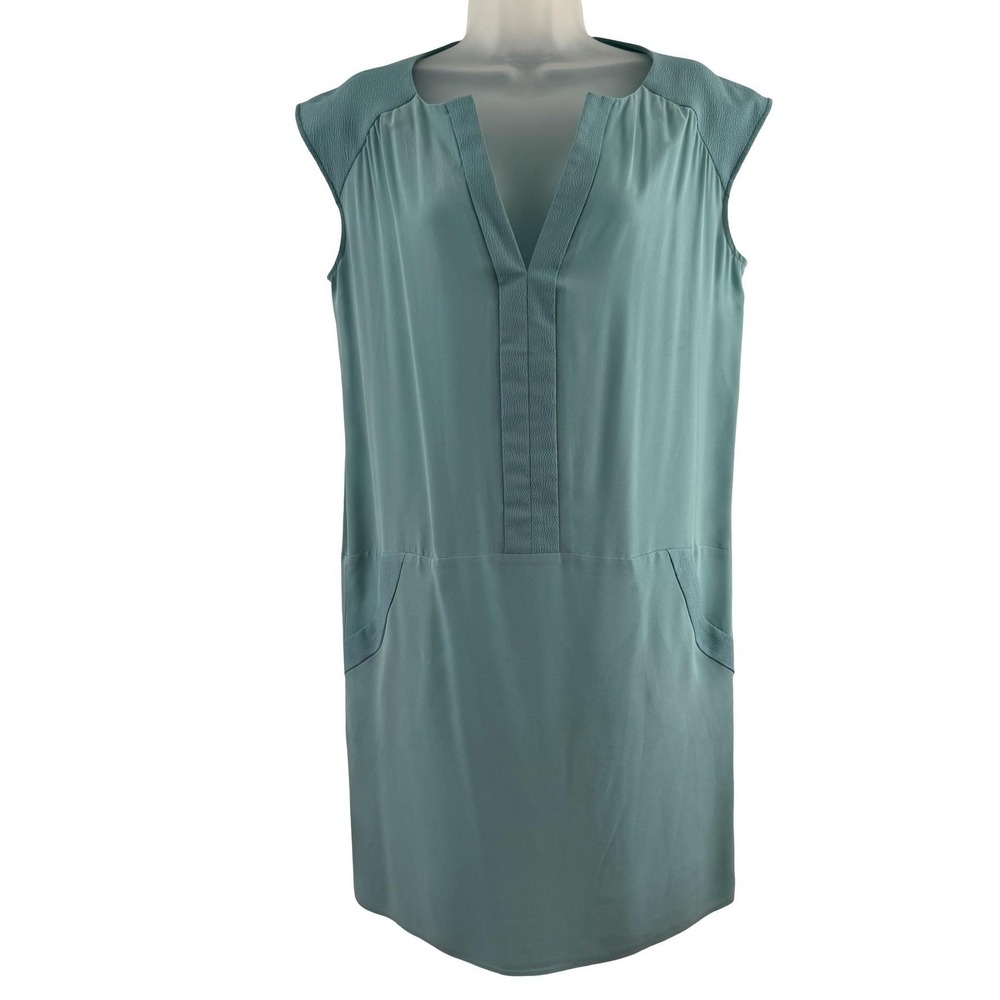 Comptoir Des Cotonniers Dress Womens 2 Mint Aqua Silk V Neck Shift Pockets Work - Picture 2 of 16